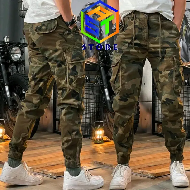 Celana Panjang Unisex Camo Cargo Combat Bahan Katun Twill Non Stretch Warna Green 2