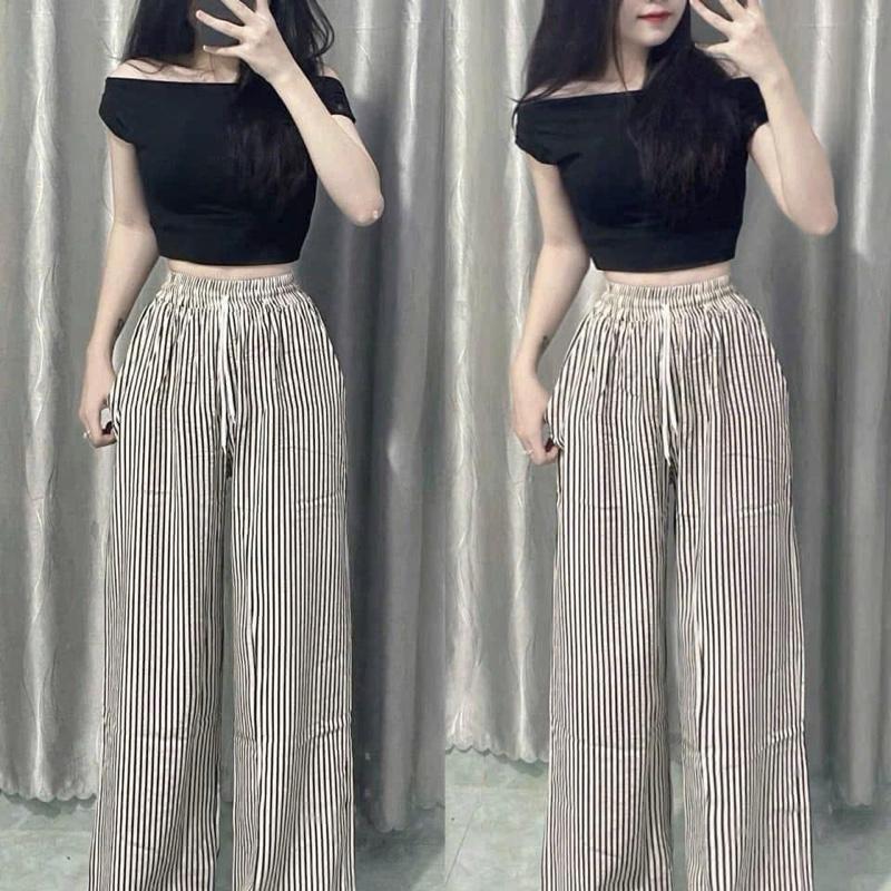 Set bộ áo babytee trễ vai đen mix quần xuông kẻ dọc chất đũi loại 1