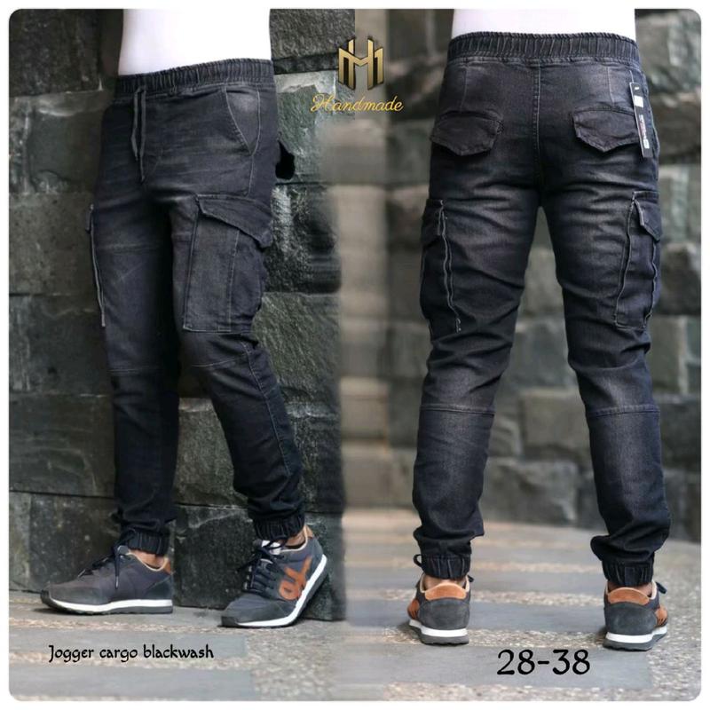 Celana Jogger Cargo Pria Panjang Jeans Denim Stretch Hitam Cowok 2