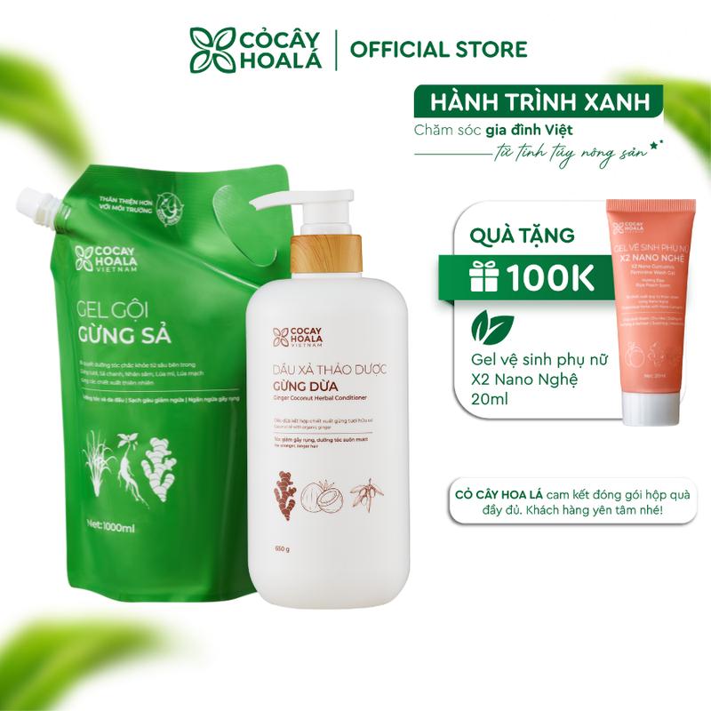 [COMBO SIÊU TIẾT KIỆM] COMBO Túi Refill Gel Gội Thảo Dược Gừng Sả Cỏ Cây Hoa Lá 1000g & Dầu Xả Thảo Dược Gừng Dừa 650g - Dưỡng Tóc Bồng Bềnh - Hỗ Trợ Giảm Bết - Tặng Dung Dịch Vệ SInh X2 Nano Nghệ 20ml