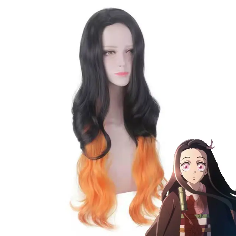 Ghost Extinguishing Blade Anime Zao Men You Douzi cos wig gradient black plus orange natural female center parted long curly hair