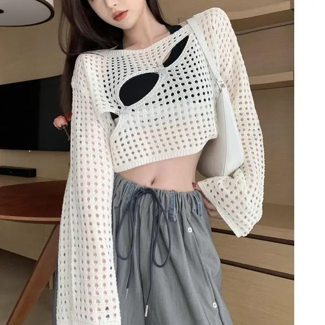 Áo Sơ Mi Dệt Kim Dài Tay, Màu Trắng, Dáng Rộng Vừa Vặn, Dành Cho Mùa Hè Của Phụ Nữ, Áo Crop Top Chống Nắng, Thiết Kế khoét