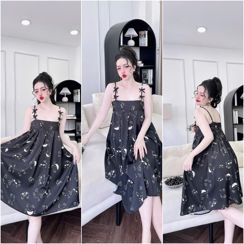Product Introduction of (Kèm quần) Đầm ngủ lụa xếp ly ngự đính nơ dễ thương chất latin mềm mịn in họa tiết dễ thương 40-65kg 12