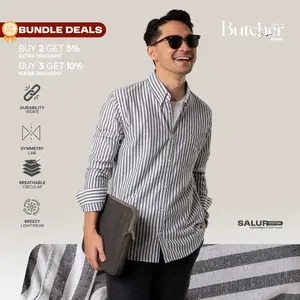 Kemeja Pria Garis WOODCUTTER Basic Butcher Stripes Shirt Lengan Panjang Salur Casual Kerja - Dark Grey Abu Tua