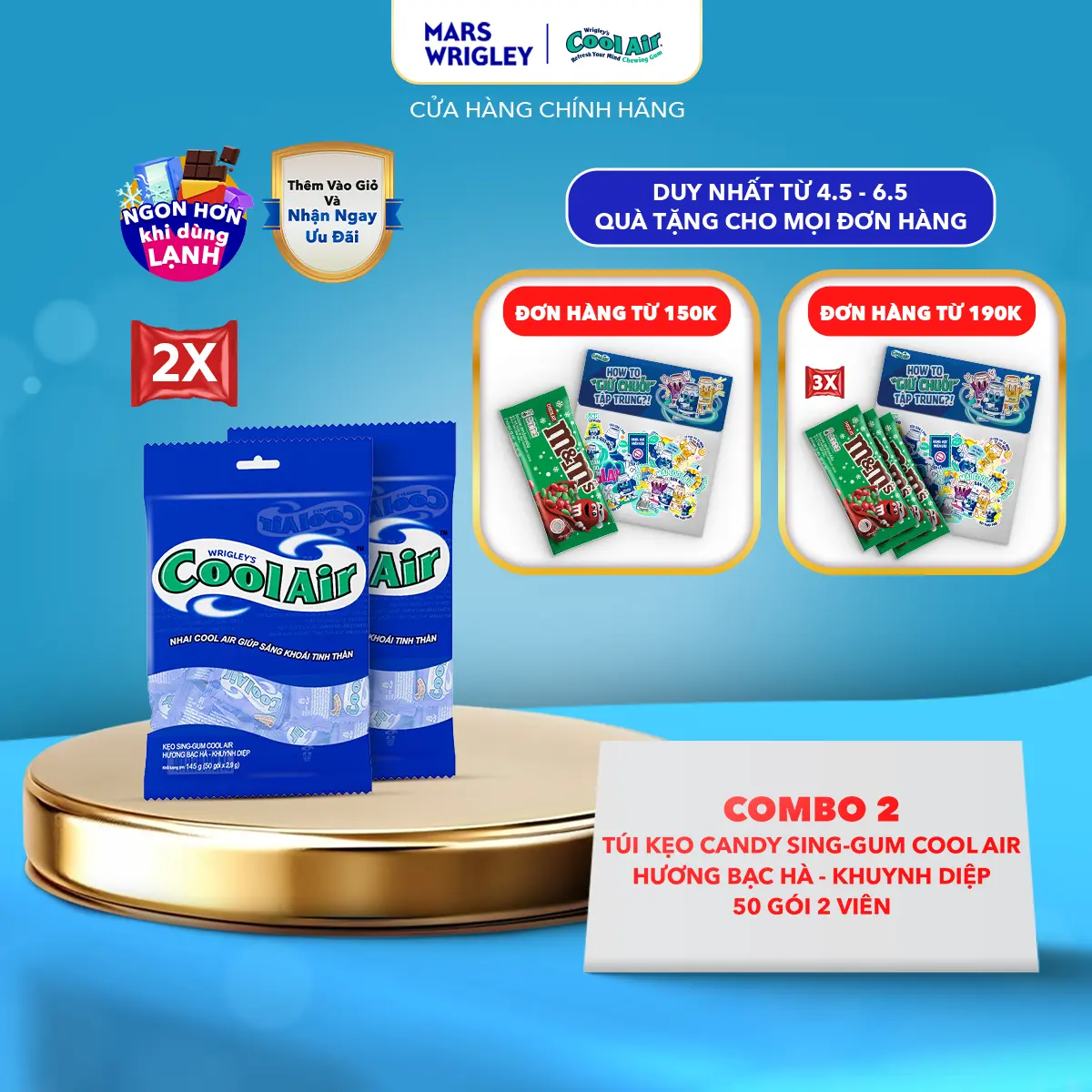 Combo 2 Túi Kẹo Candy Sing-Gum Cool Air Hương Bạc Hà - Khuynh Diệp 50 Gói 2 Viên