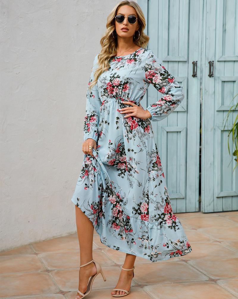 Product Introduction of Cross-Border Foreign Trade Spring and Autumn Floral Chiffon Dress Waist-Controlled Slimming Long Sleeve round-Neck Long Printed Dress Women's 15