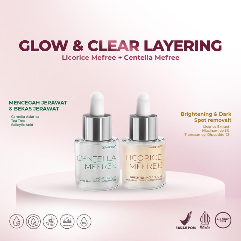Glow & Clear Layering -  Licorice Mefree +  Centella Mefree (Brightening Serum +  Acne Serum) - Mencerahkan sekaligus mengurangi jerawat, minyak berlebih, komedo dan chicken skin 1