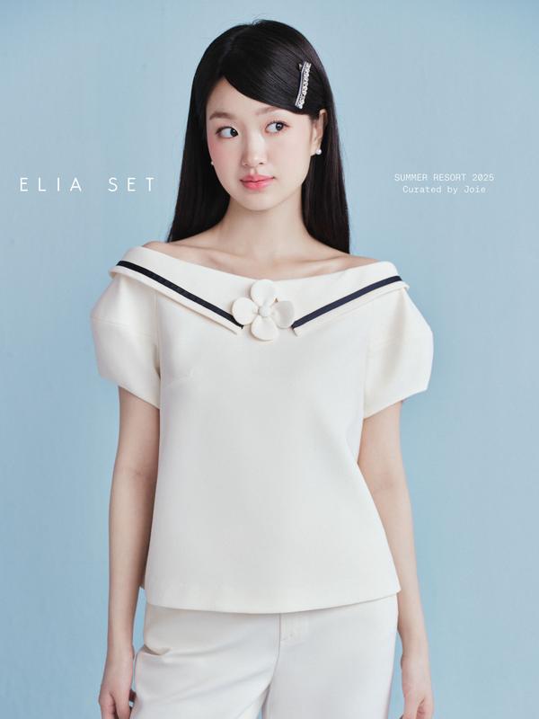 JOIE DES ROSES - Áo trễ vai cổ thủy thủ tay ngắn phồng phối hoa và quần baggy tuyết nhung ống côn ELIA SET