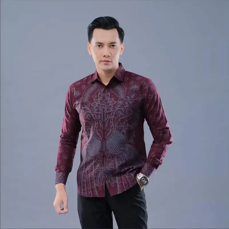 KEMEJA BATIK BURGUNDY LENGAN PANJANG MOTIF TERBARU 2025 3