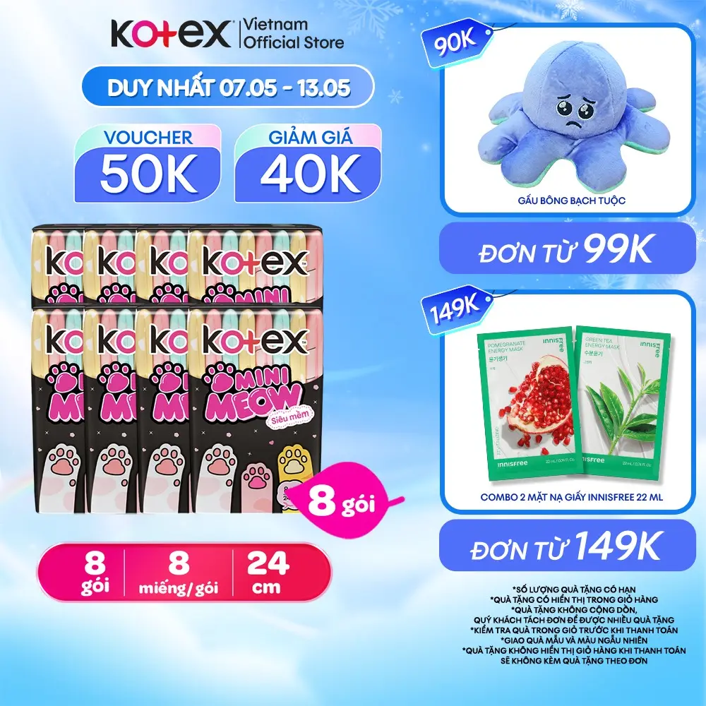 Lốc 8 Băng vệ sinh Kotex MiniMeow Siêu mềm siêu mỏng cánh 8 miếng