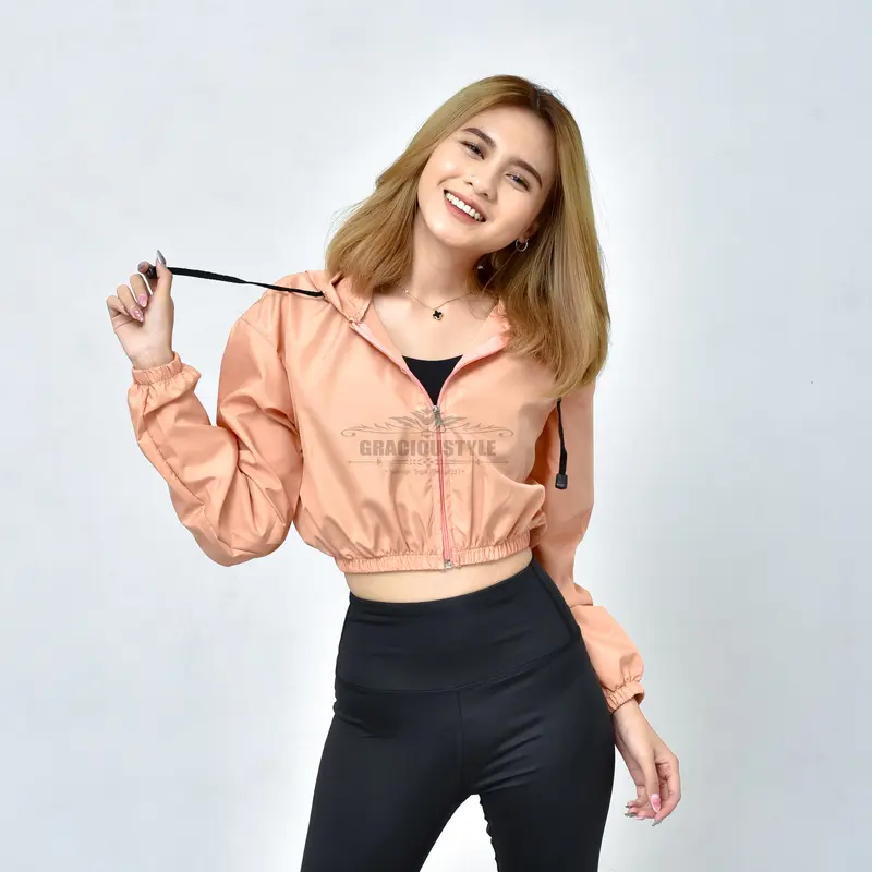 GRACIOUSTYLE - Jaket Crop Wanita Korean Style Jaket Olahraga Wanita Crop Jaket Sport Parasut Running Gym Fitnes Yoga Zumba Anti Air Wanita Cepet Kering Trendy Stylis 1