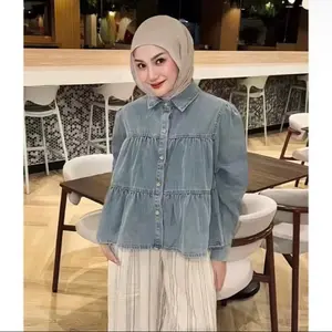 Numala Kemeja Atasan Denim Crop Top Tiffany Ruffle Blouse Denim Numala Kemeja  Atasan Wanita Casual