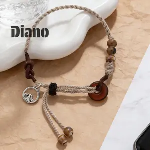 [Diano]Gelang gesper pengaman warna amber gaya etnik vintage tali tangan kepang manik buatan tangan Gelang B832