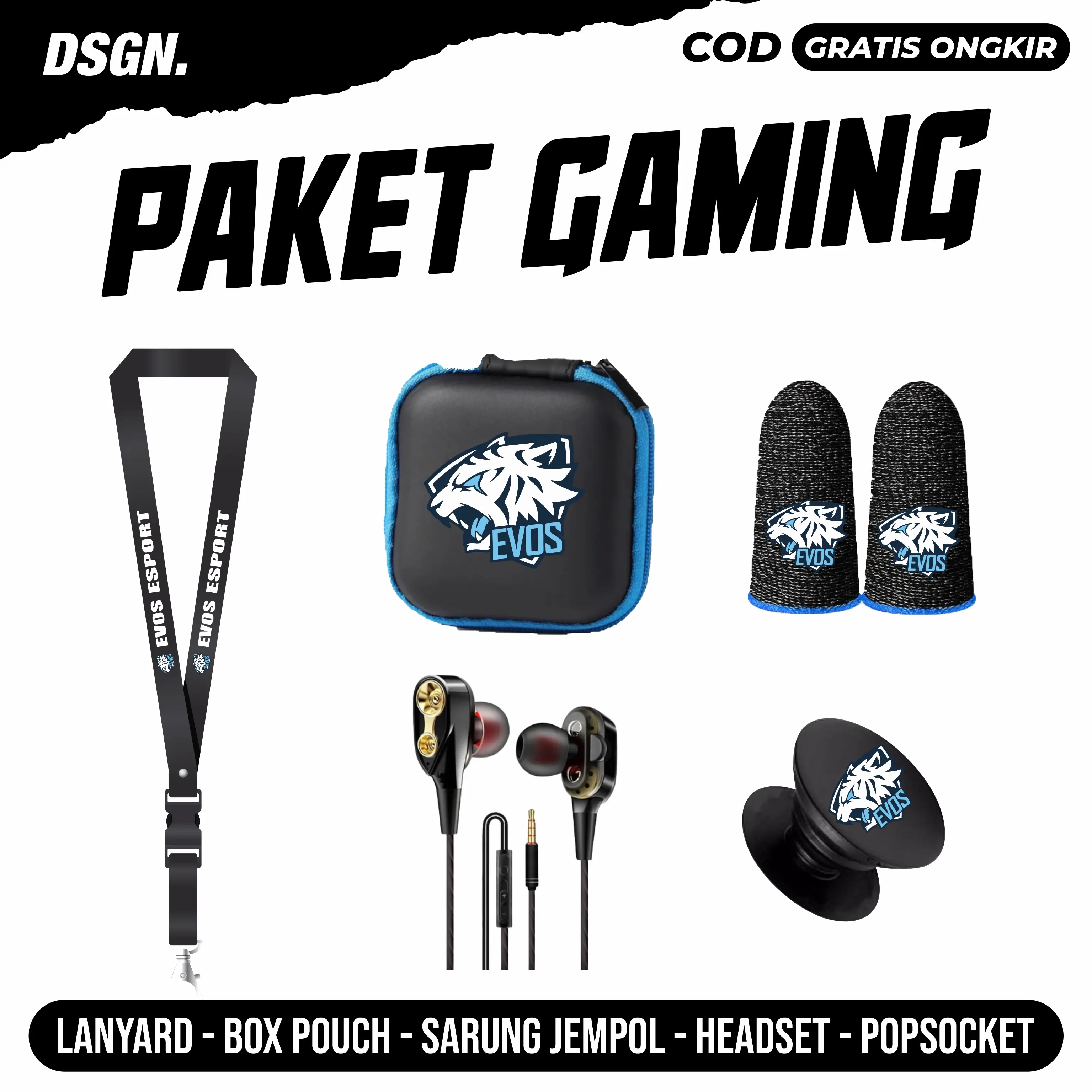 EVOS PAKET GAMING SARUNG JEMPOL ANTI KERINGAT PREMIUM LANYARD BOX POUCH HEADSET POPSOCKET UNTUK MAIN GAME MLBB PUBG FREE FIRE Aksesoris Accessories Controller