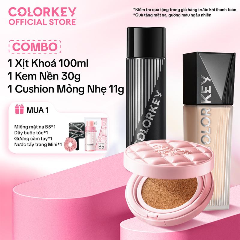 OFFICIAL Combo 3 Món: 1 Kem Nền Kiềm Dầu 30g + 1 Cushion Mỏng Nhẹ Giữ Lớp Make-Up Lâu Trôi + 1 Xịt Khóa 100ml COLORKEY Nền Bền Lì Ngại Gì Thời Gian