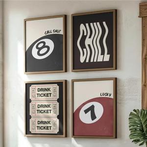 注目 バールームアートポスター 4枚セット lucky 8ボールプリント 冷たい飲み物モチーフ 絵画風 ポスター おしゃれなウォールアート ヴィンテージ調の壁掛けプリント モダンなルームデコレーション リビング用ウォールデコレーション フレームなし 人気商品