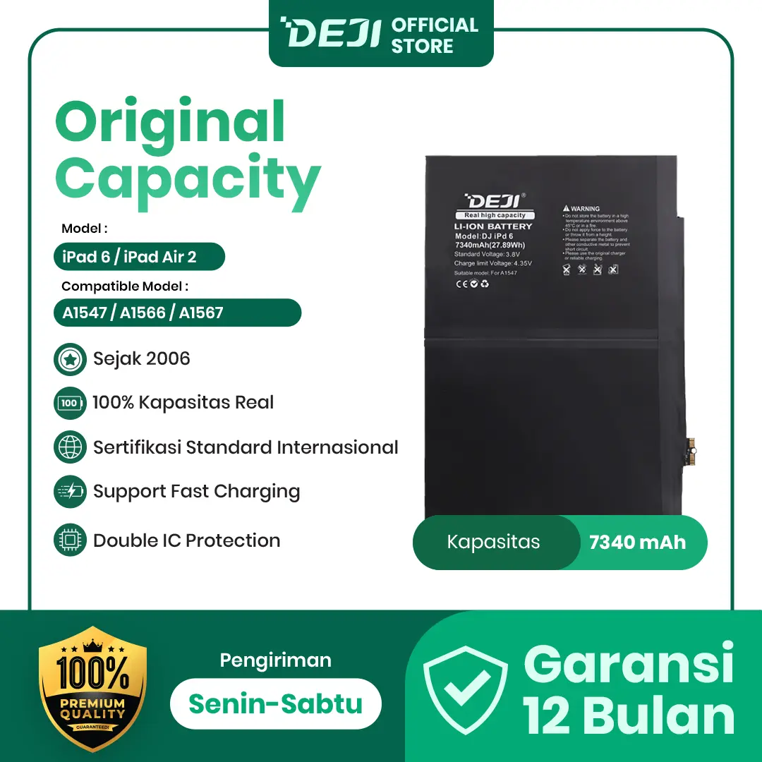 DEJI Baterai For iPad 6 / IPAD AIR 2 / A1547 / A1566 / A1567 7340mAh Original Capacity