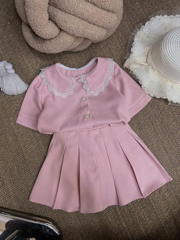 Set Áo Sơ Mi Cổ Sen Viền Ren Hồng Kèm Chân Váy Xếp Li 30G Dành Cho Bé Gái