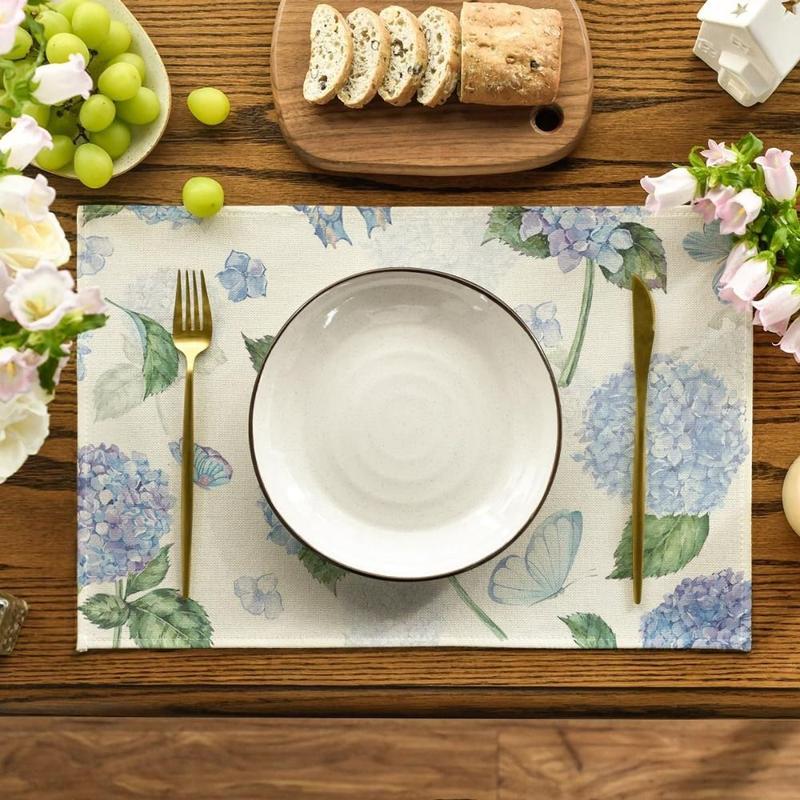 Dining Table Hydrangea Pattern Linen Placemat Heat Resistant Anti Slip Table Mat Oil Proof Rustic Tableware Pad Table Decoration 0