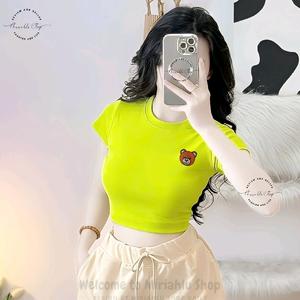 Áo Thun Croptop Basic Form Ôm Body Nữ Cổ Tròn Tay Ngắn In Hình Thêu Icon Gấu Nâu, Kích Cở S M L, Women Sò Sen Hoa Sen Dáng Ngắn Thun