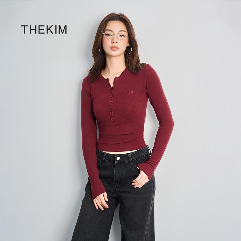  THEKIM Áo thun dài tay cổ tròn cúc ngực  chất liệu Rib cloud 100% cotton vải dày mềm mịn T259 