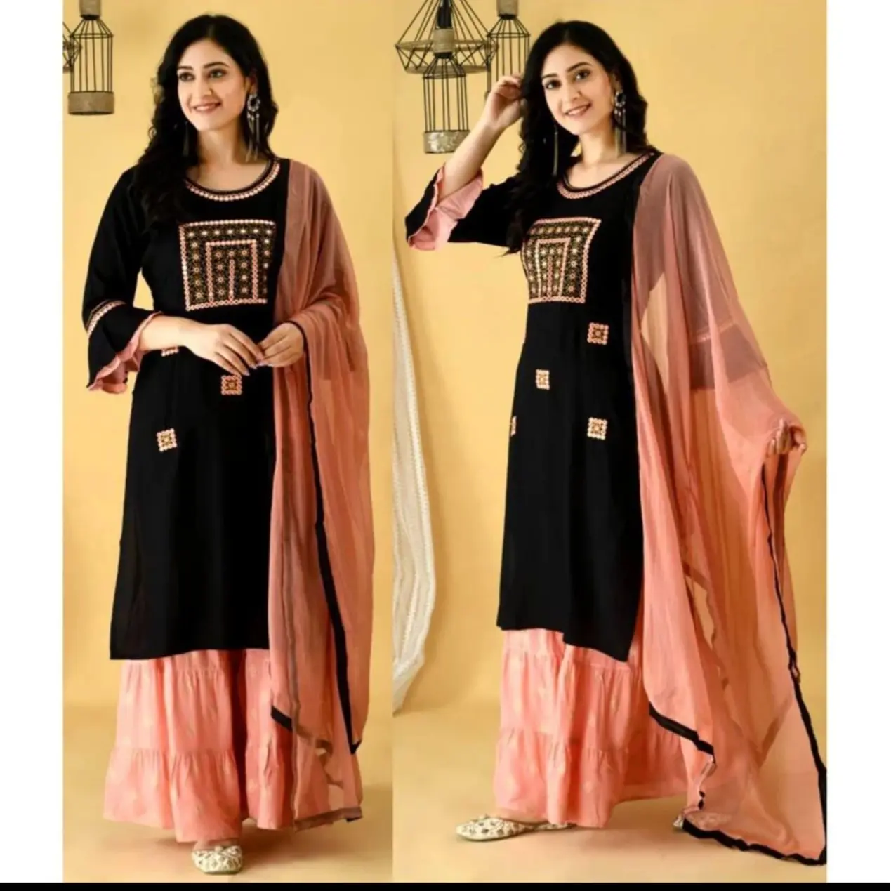 Designer Party Wear Rayon Embroidery Kurti Sharara With Dupatta Set