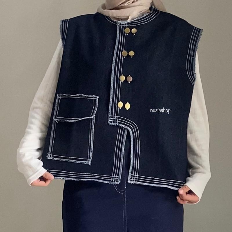NUZI - Haein Vest Jeans Premium Kemeja Rompi Outer Wanita Atasan Oversized Woman Import Korean Style Shirt Stripe Sleveless 1