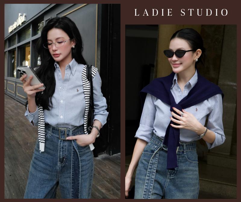  Áo Sơ Mi Nữ Dài Tay Dáng Suông Sọc Xanh Thêu Ngựa AO104 Ladie Studio 