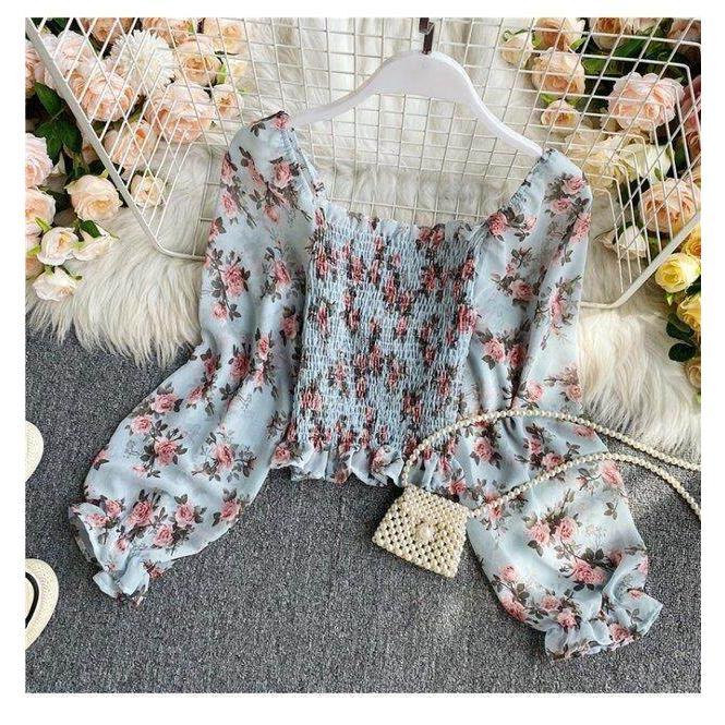 Product Introduction of Retro Floral Crop Top for Women Long Sleeve High-waisted Short Blouse Off-shoulder Shirt 6