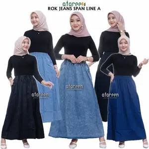AFAREEN - Rok Jeans Panjang  Line A Span Pakaian Muslim Wanita Dewasa Bawahan Maxi
