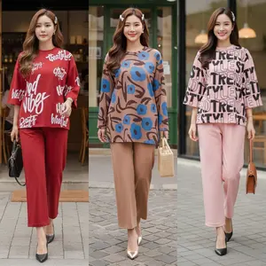 READY STOCK ALUNA- Setelan Wanita Katun Atasan Lengan Panjang Dan Celana Panjang Wanita