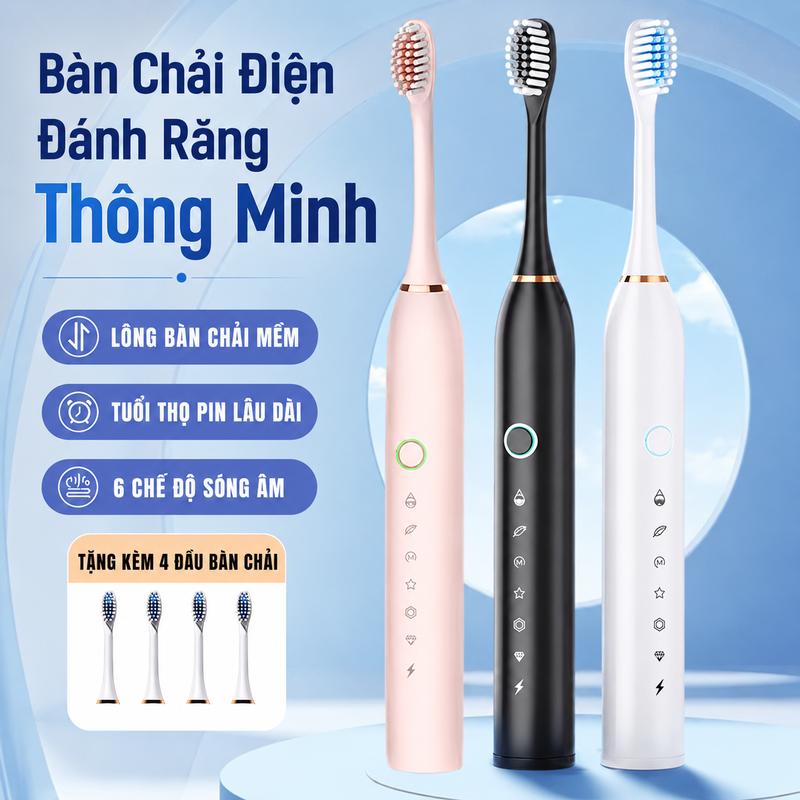 X3 Chống Nước IPX7 | 6 Chế Độ Sạch Sâu + 4 Đầu Thay | Răng Trắng Sáng Tức Thì