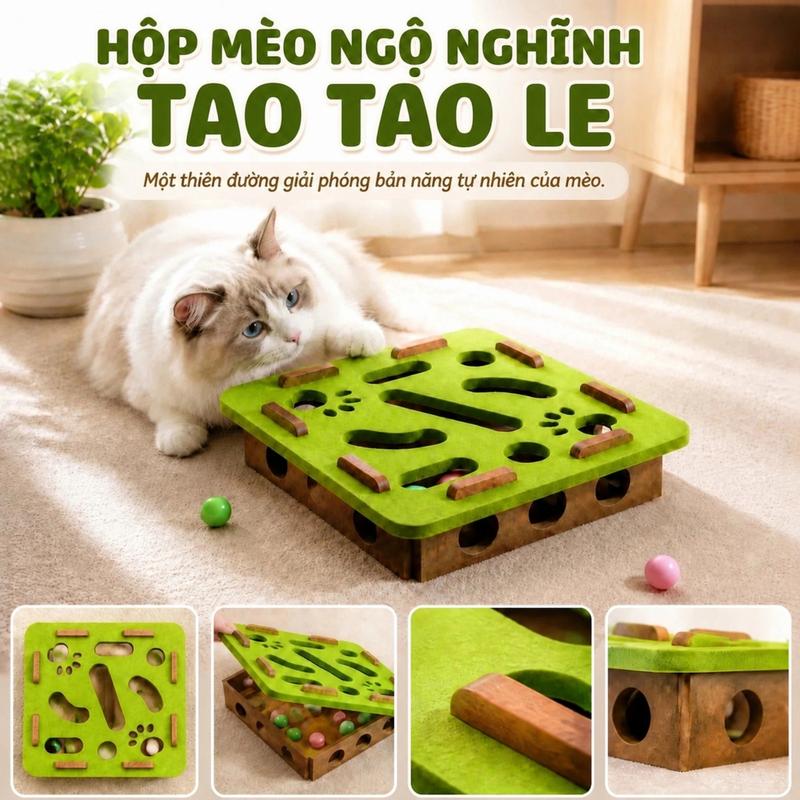 Đồ chơi mèo tự giải trí giảm buồn chán mê cung xếp hình hộp vải nỉ có lỗ quả bóng chuông trêu mèo thiết kế nhiều khe hở rèn luyện phản xạ nhanh