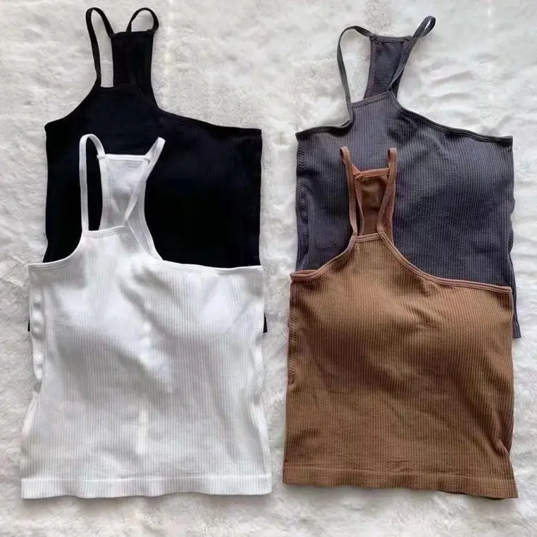 Crop Top Tanktop Wanita One Shoulder Tali Kecil Kamisol Korean Atasan Tank Top With Cup Bra Fit 119 1