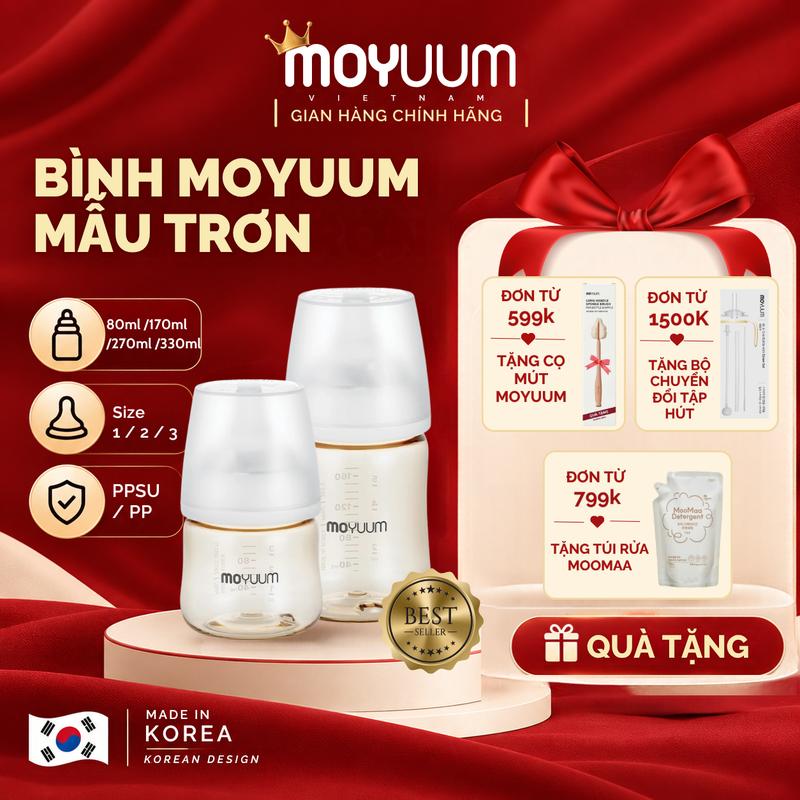 Bình sữa PPSU Moyuum - Phiên bản trơn - 80/170/270/330ml - Kèm/Không kèm núm