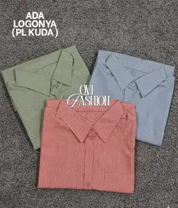 Kemeja Stripe Wanita Kantong Lengan Panjang Bahan Katun Lembut Halus & Nyaman | Bordir Logo PL KUDA Cocok untuk Acara Formal dan Casual
