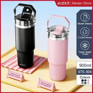 【Medan Ready Stock】Eatkit Tumbler Minum Stainless Steel 900ml Handle 2in1 Vacuum Insulated Portable Thermos Tahan Panas termos vakum