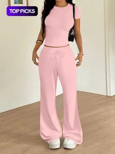 Conjunto casual de dos piezas para mujer: camiseta ajustada y pantalón largo, moda primavera-verano, cómodo y elegante