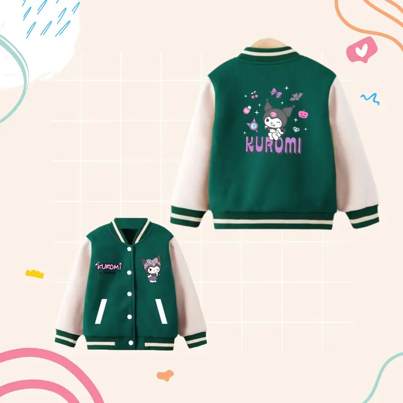 Fashion Jaket Anak Perempuan KUROMI dengan Desain Varsity dan Bahan Fleece Baseball untuk Usia 3-12 Tahun 1