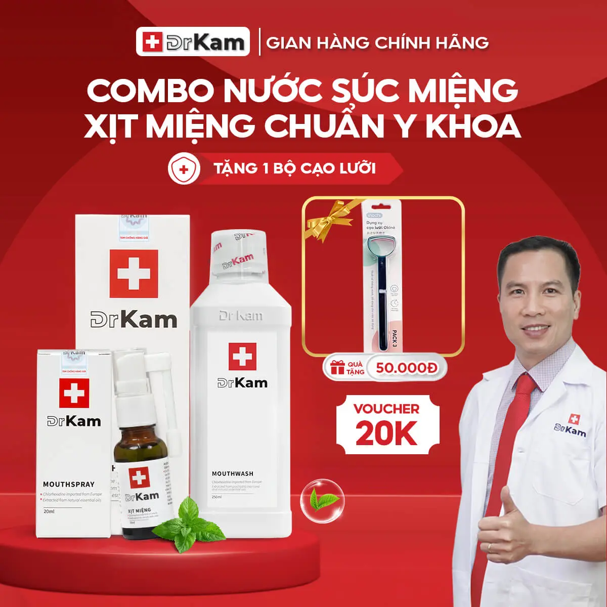 Combo chăm sóc răng miệng - Nước súc miệng & xịt miệng chuẩn y khoa DrKam khử hôi miệng, giảm viêm nướu. Tặng cạo lưỡi