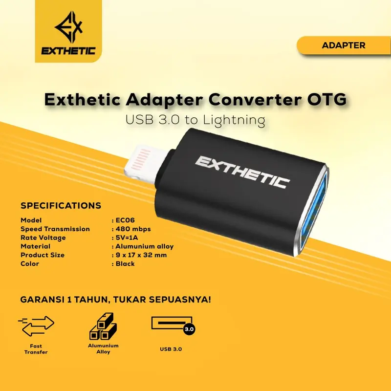 Exthetic Adapter Converter OTG USB A 3.0 to Lightning Iphone Ipad Mac Data dan Charge - EC06 0
