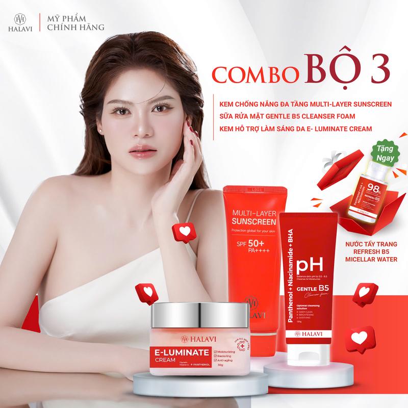 COMBO 3 SẢN PHẨM Kem chống nắng đa tầng + sữa rửa mặt Gentle B5 Cleansser Foam+ kem dưỡng hỗ trợ cấp ẩm E-Lumenate TẶNG 1 nước tẩy trang Fefresh B5 Micellar Water