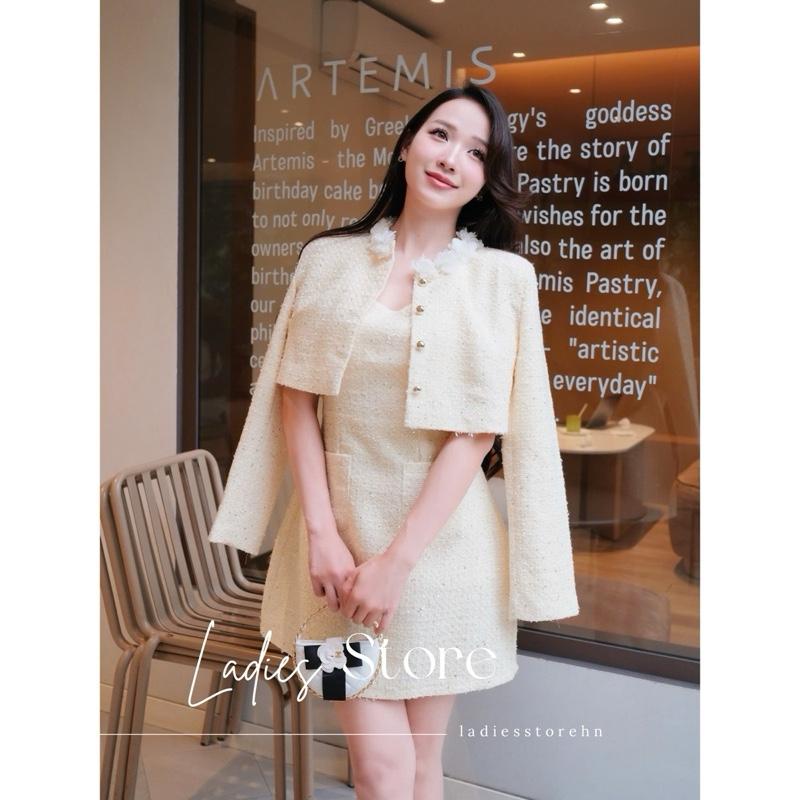 HÀNG MỚI VỀ Set Áo Dạ Cao Cấp Cổ Phối Hoa Kèm Váy 2 Dây Dạ Dáng Chữ A Sang Chảnh - LS00019