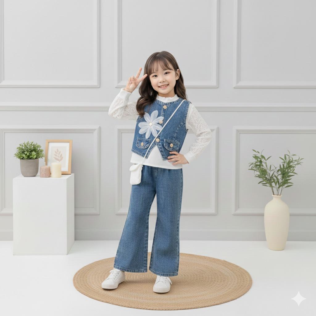 Setelan Helena Rompi 3 in 1 Soft Jeans Mix Shakila Pita Bunga Anak Perempuan Free Tas Terbaru Usia 3 - 12 Tahun Model Jeans Mix Shakila Lengan Brukat Rompi Pita Bunga Model Koreans Style Celana Jeans Usia 3 - 10 Tahun