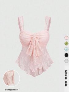 Top de encaje romántico para mujer, tirantes finos, nudo mariposa en la parte delantera, frunces en el busto, moda verano, ajuste entallado, patrón liso