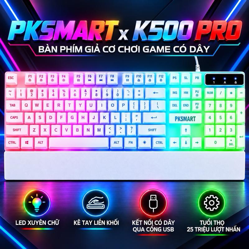 Bàn Phím Giả Cơ Có Dây Chơi Game - PKSMART x K500 PRO | Gõ Có Tiếng Độ Nảy Tốt | LED Xuyên Chữ | Kê Tay Liền Phím | Dùng Cho Máy Tính Laptop