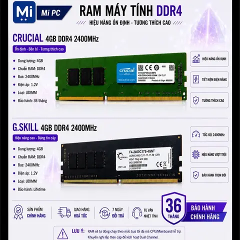 Ram máy tính Crucial 4GB DDR4 2400MHz, G.Skill 2400MHZ, Lares 2666MHz
