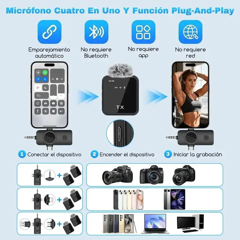 Mini micrófono 3 en 1 para iPhone/Android/ cámara, audio de alta fidelidad, 48 kHz/24 bits, micrófonos inalámbricos, alcance de 100 m, batería de 20 h, micrófono de solapa con reducción de ruido para transmisión en vivo, TikTok y YouTube. - Foto 9