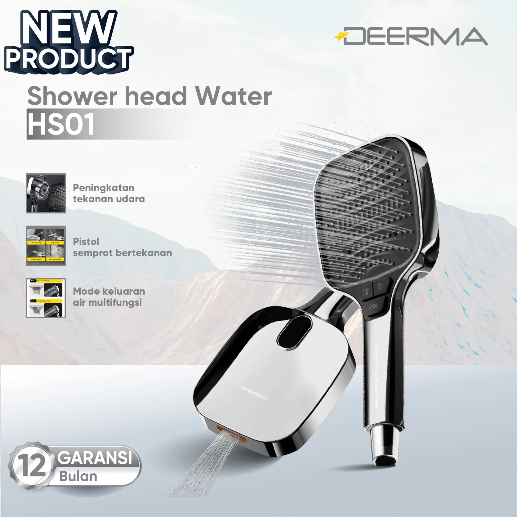 Deerma HS01 Shower Kepala Besar Panel Lebar Tekanan Tinggi dengan Filter – Shower Multifungsi Anti Sumbat, Semprotan Kuat & Hemat Air