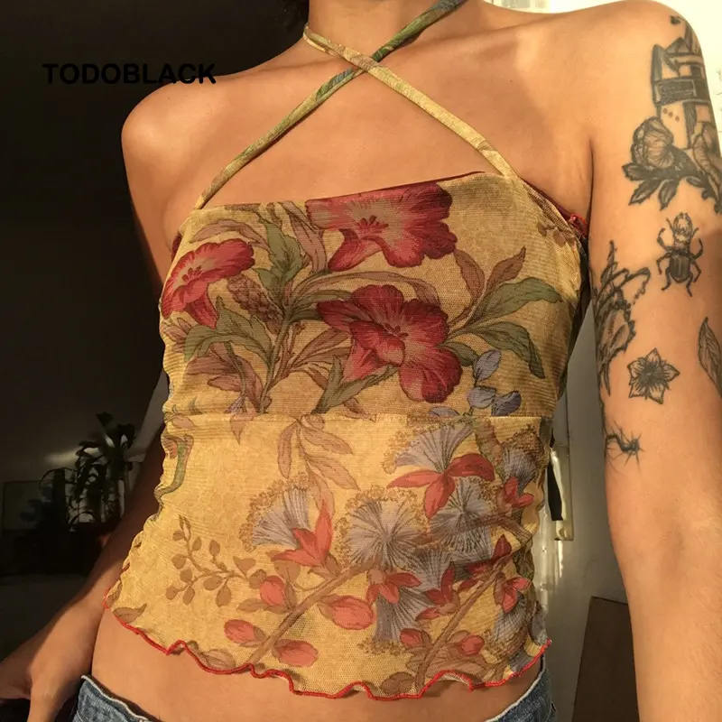 Y2K Halterneck Top Women's Floral-print Sleeveless Crop Top